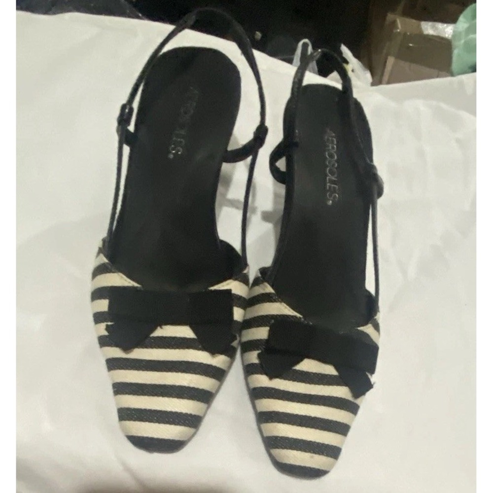 AEROSOLES Black and White Striped Slingback Heels with Bow